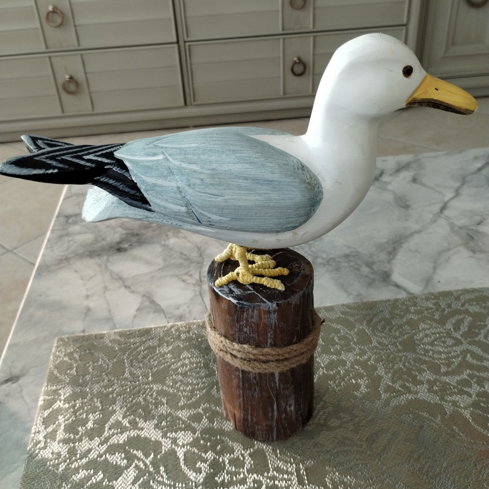Seagull Figurine on Wooden Base - White and Blue